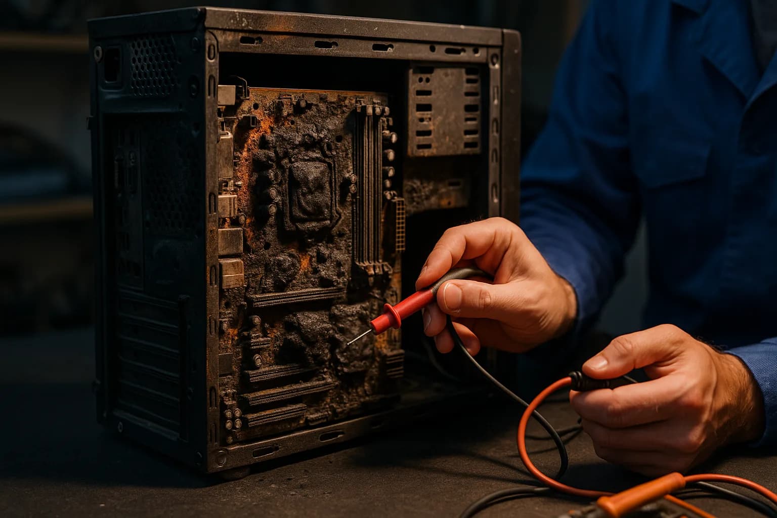 A technician inspecting a burnt and damaged computer motherboard on a workbench after an electrical surge.
