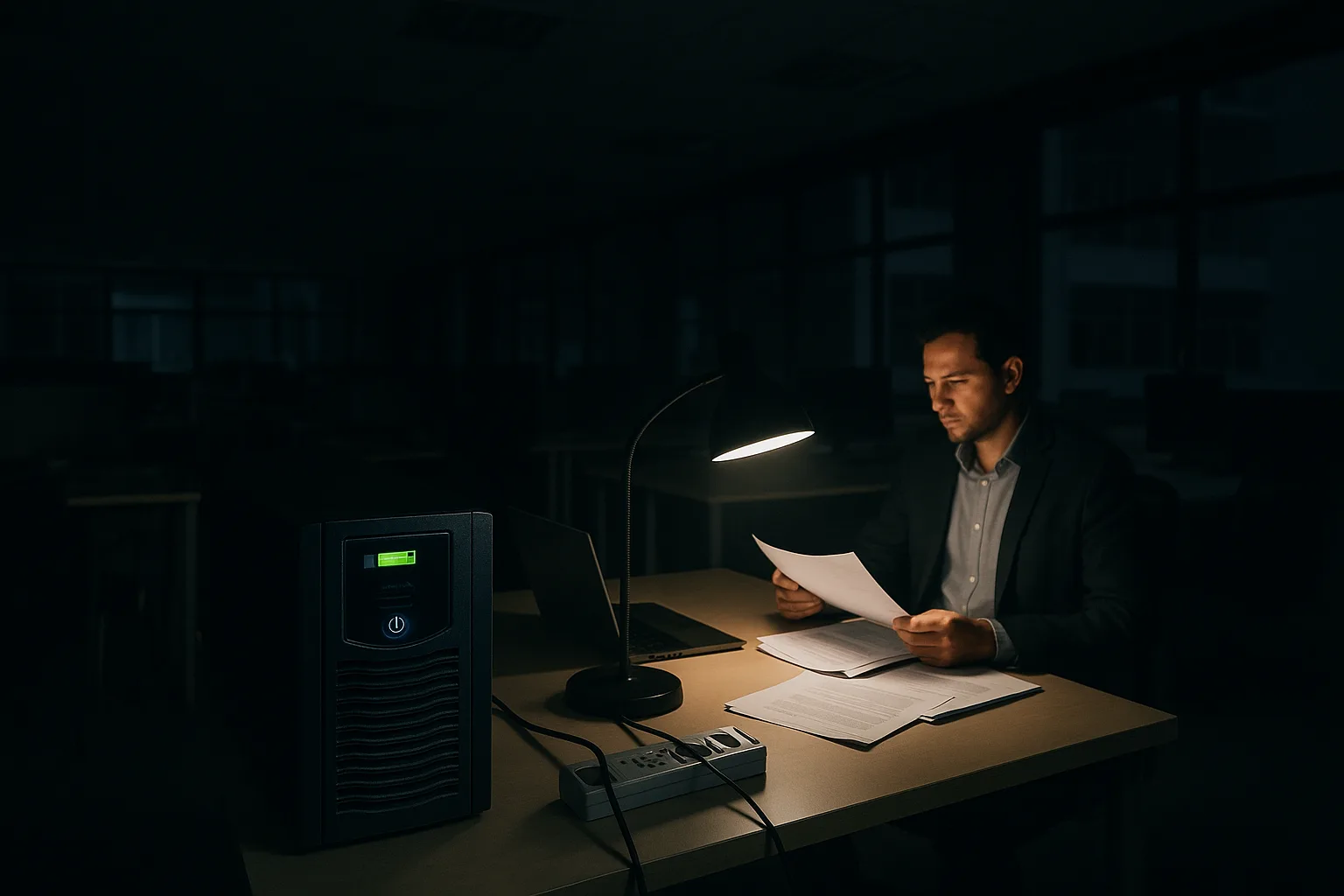 A professional working by lamp light in a darkened South African office during a power outage, with a UPS unit visible in the foreground.