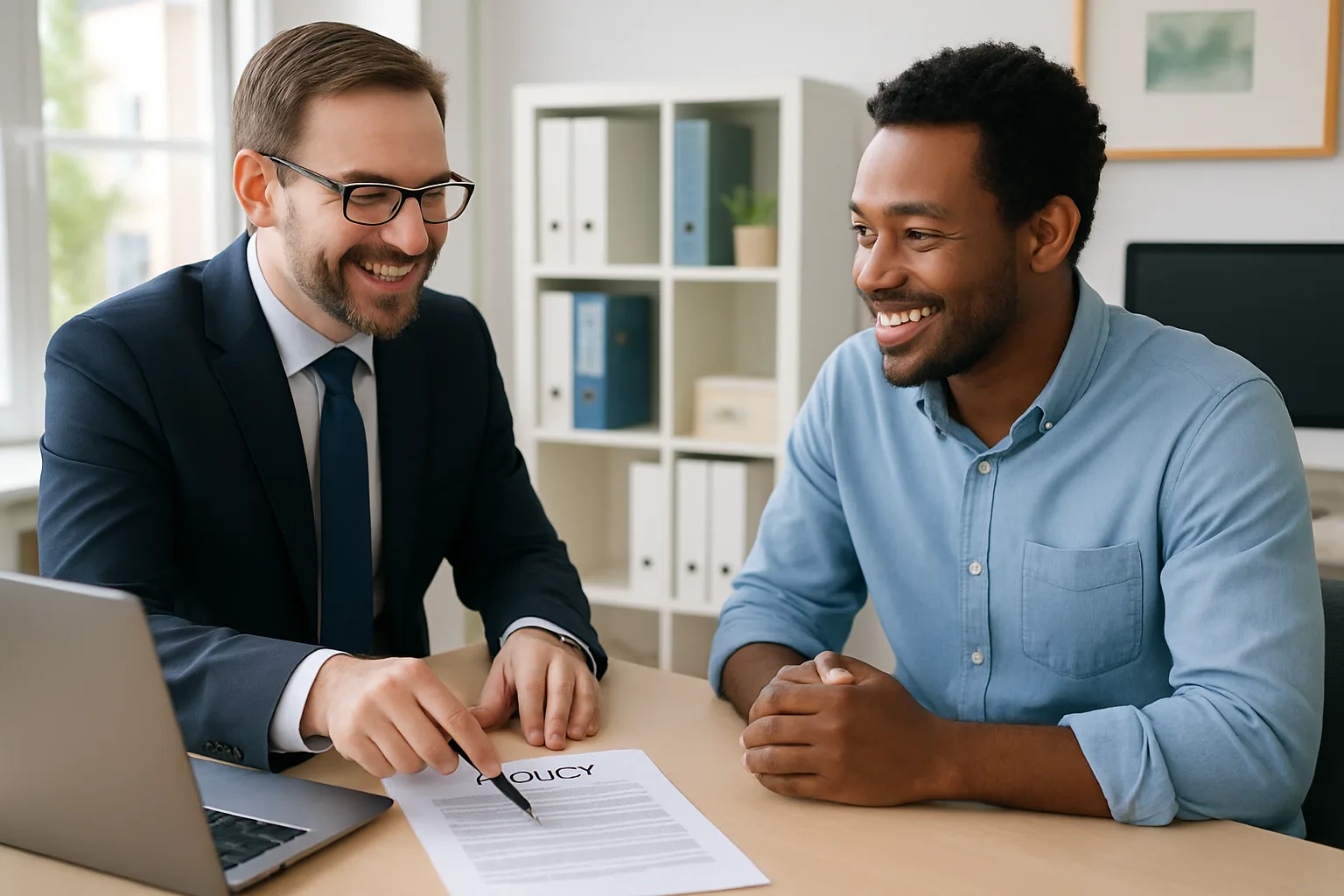 An insurance consultant explaining a policy document to a small business owner seated at a desk with a laptop and desktop computer visible.