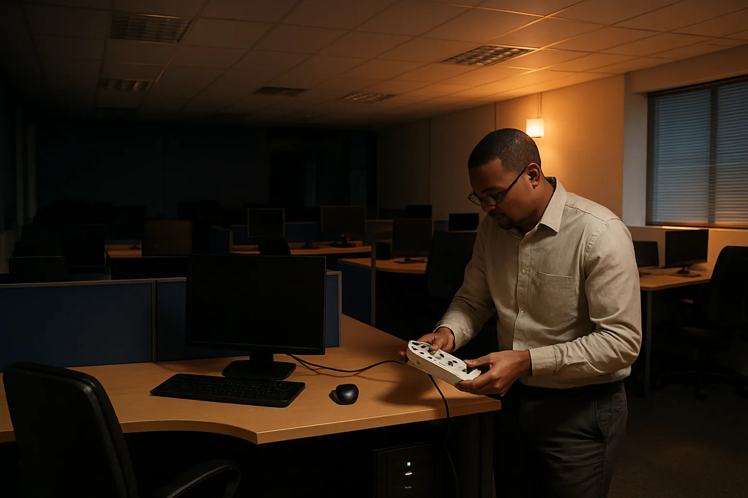 An office employee examining a UPS unit and surge protector during a power outage, with some computers shut down and emergency lighting active.