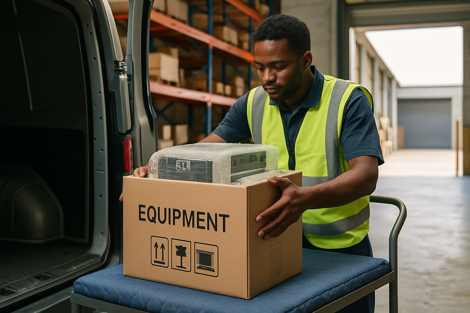 A logistics worker in a warehouse loading a labelled hardware equipment crate onto a trolley near an open delivery van at a loading bay.