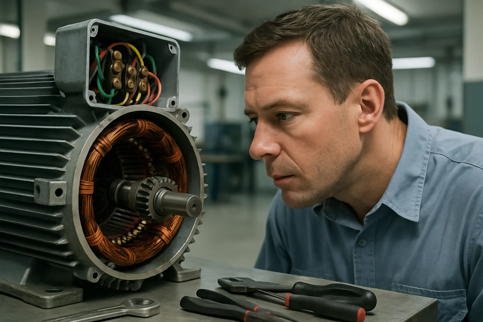 A technician examining the internal components of a large industrial motor in a workshop setting.