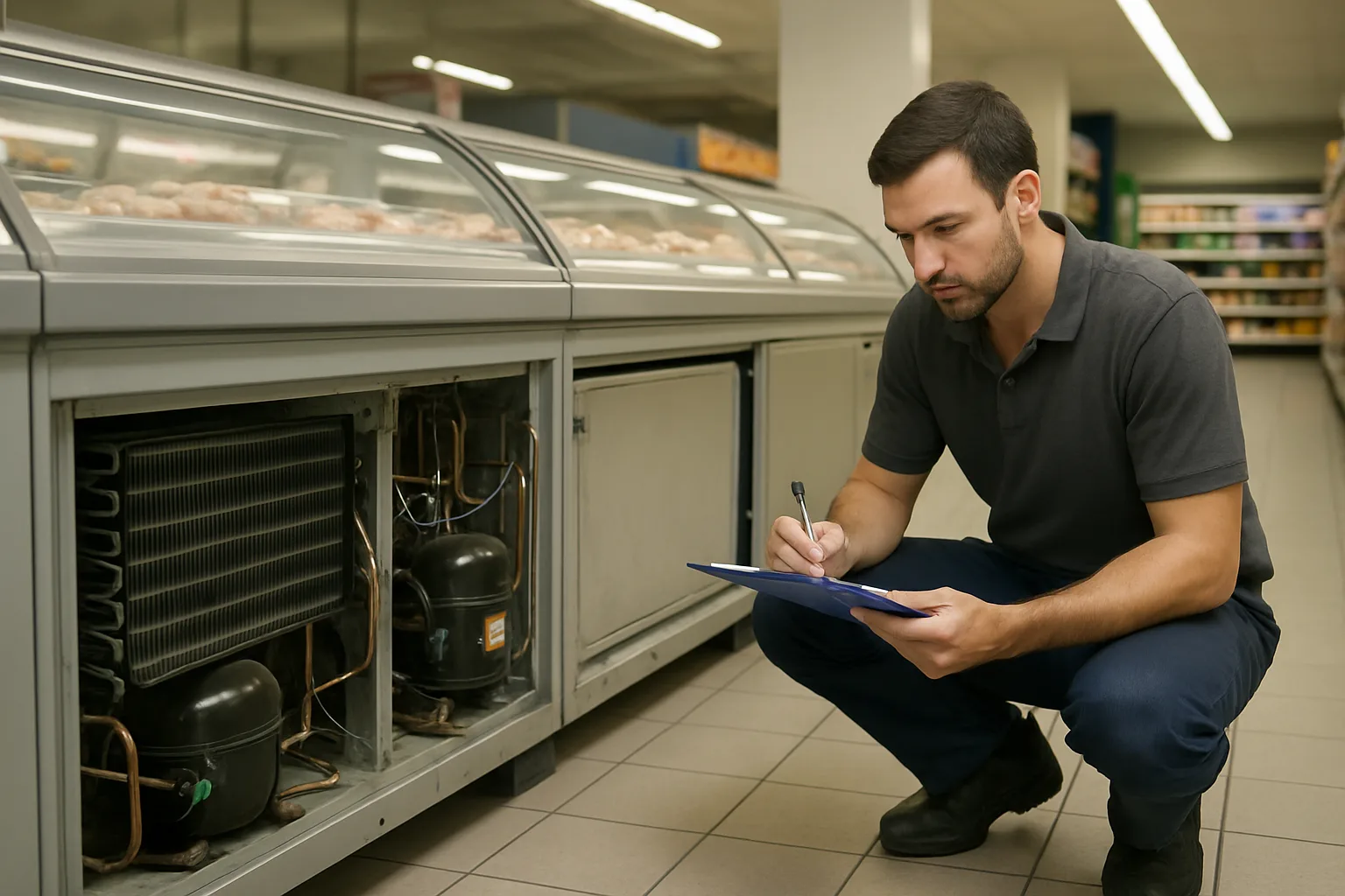 A maintenance engineer inspecting an open commercial refrigeration unit in a food processing facility.