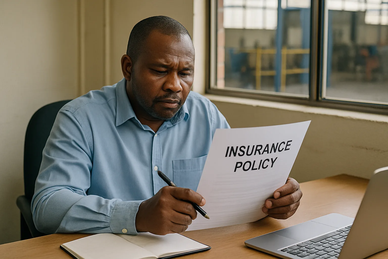 A business owner reading through a printed insurance policy document at a desk with an industrial warehouse visible through the window behind them.