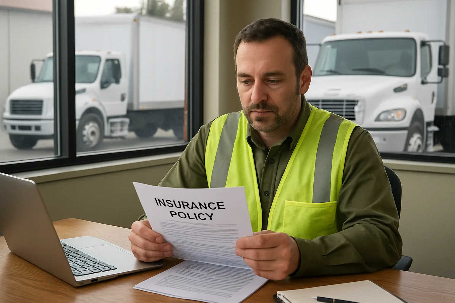 A small trucking business owner sitting at an office desk reviewing a printed insurance policy document with trucks visible through the window.