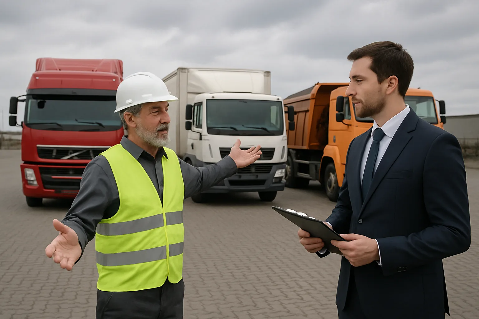 A fleet manager and insurance representative standing in front of multiple commercial trucks on a logistics yard discussing vehicle coverage.