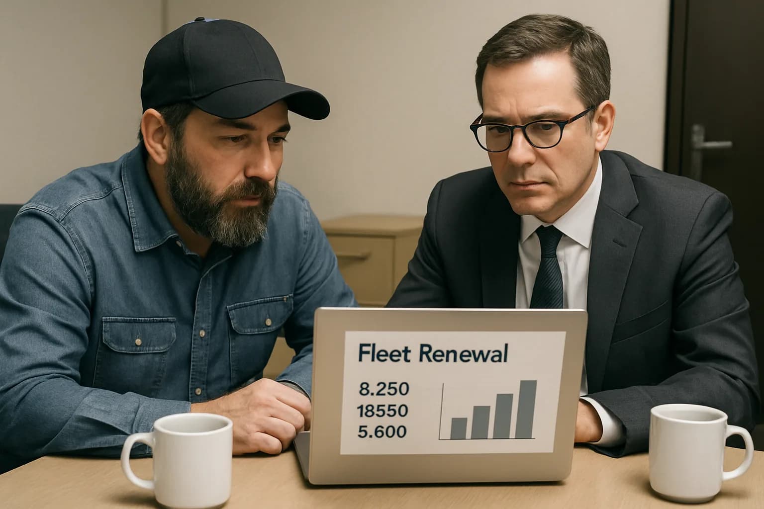 A trucking company owner and insurance broker reviewing fleet policy renewal costs together on a laptop in a small commercial office.