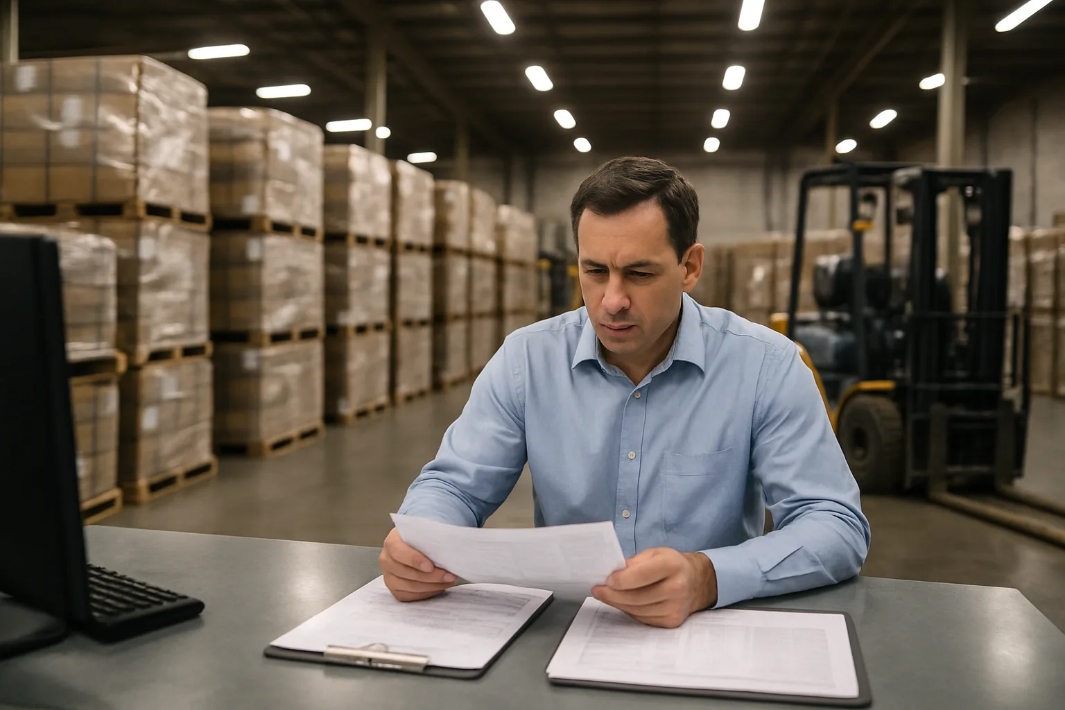 A logistics manager reviewing shipping and insurance documents at a desk inside a busy warehouse.