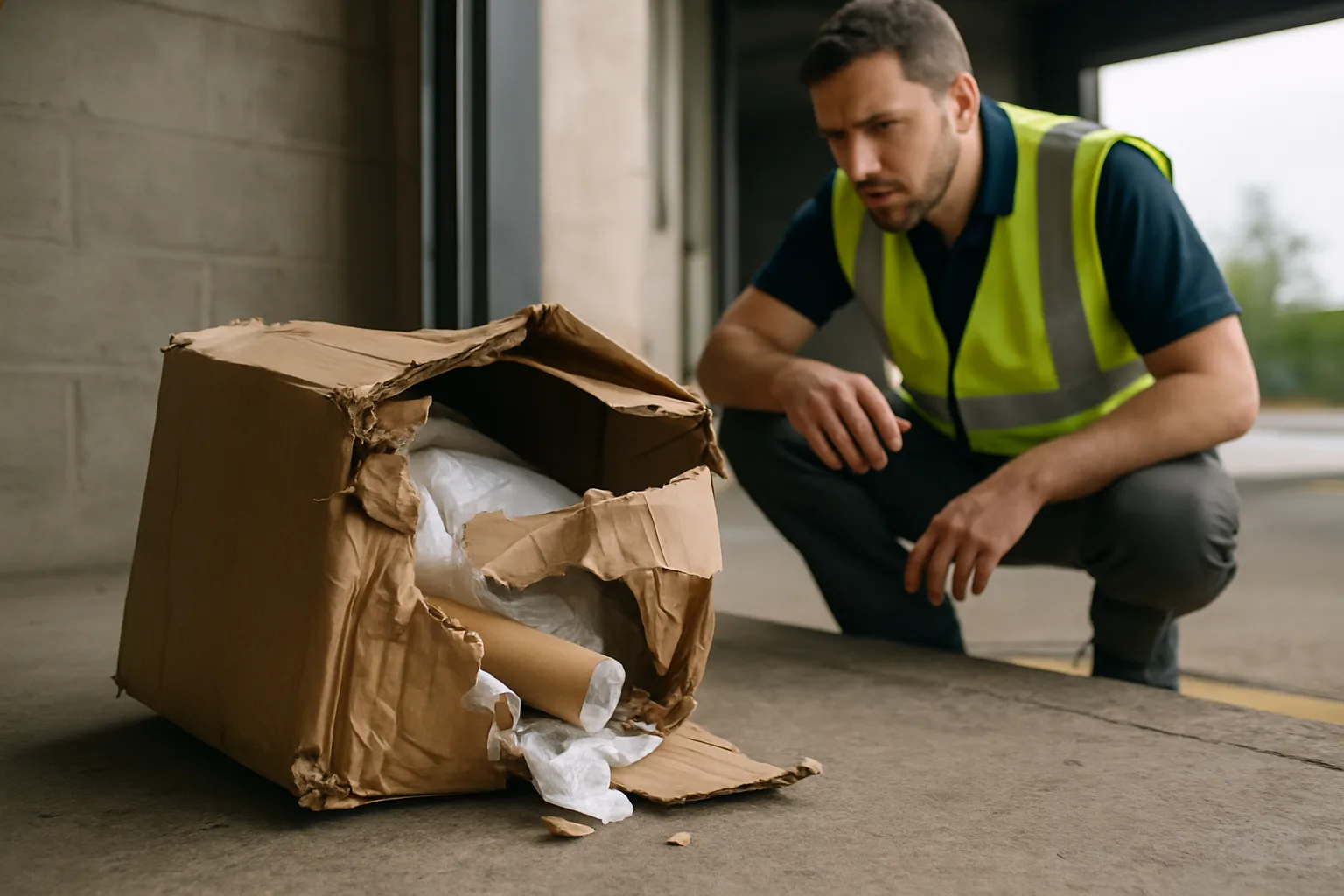 A delivery worker inspecting damaged cargo on a loading dock after a transit incident.