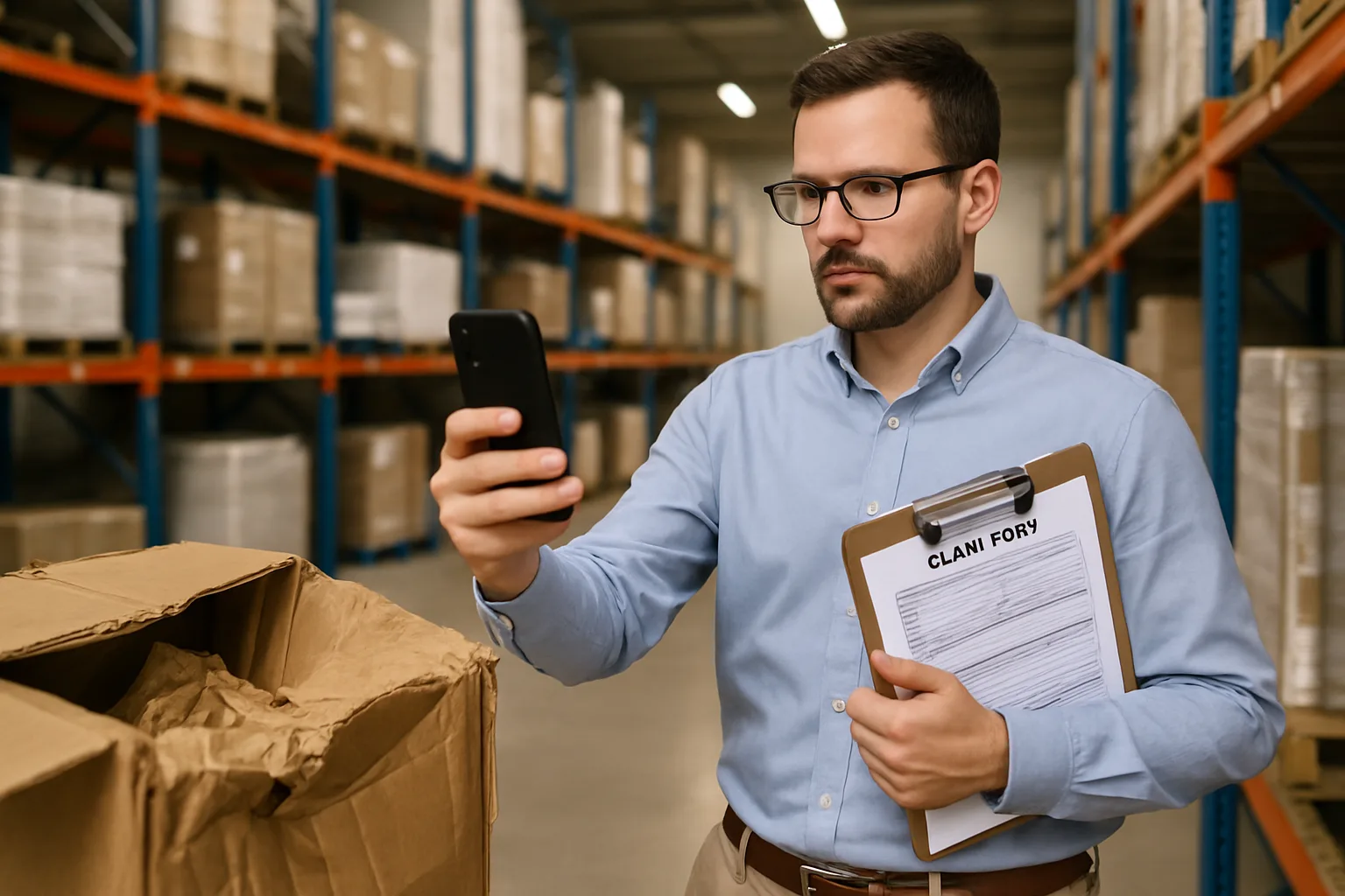 An insurance loss adjuster documenting damaged goods with a smartphone during a transit claim assessment.