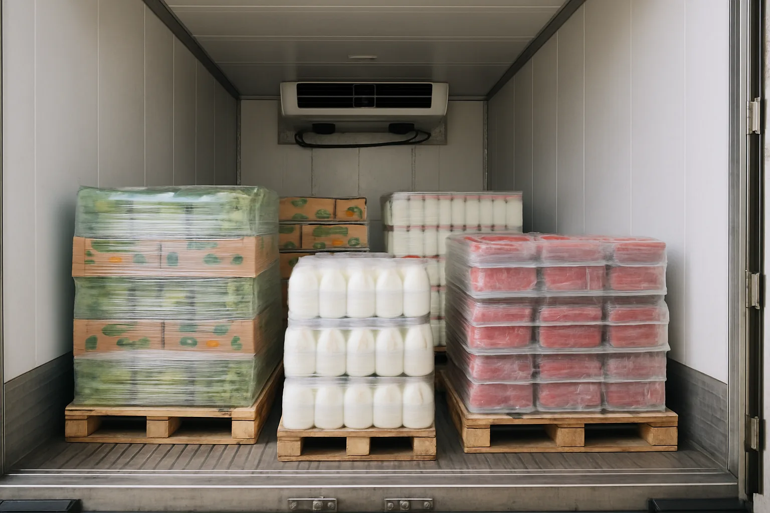Interior of a refrigerated trailer showing pallets of fresh produce, dairy, and packaged meat secured inside a reefer unit.