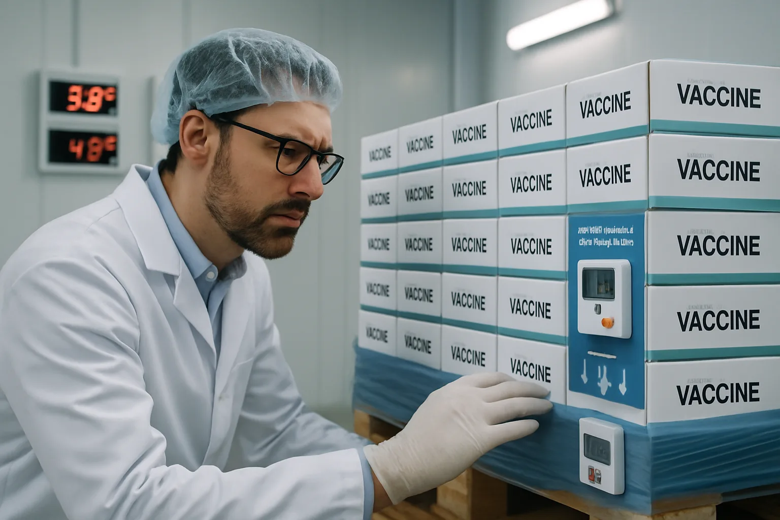 A pharmaceutical professional inspecting a pallet of vaccine boxes with temperature data loggers inside a temperature-controlled warehouse.