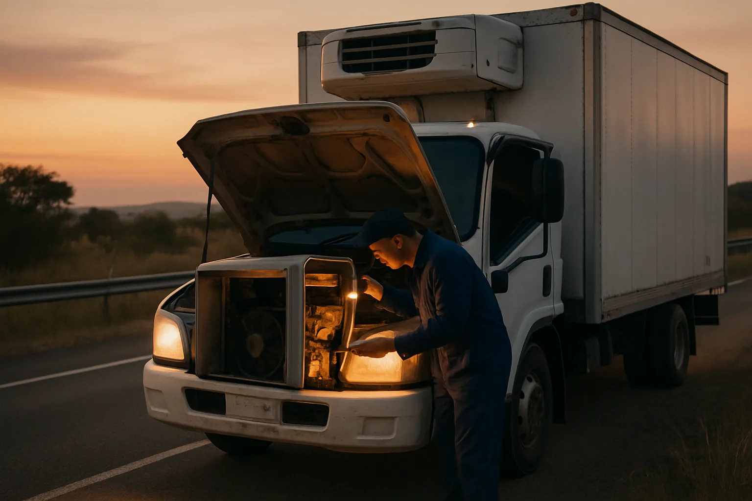 A truck technician examining a seized refrigeration compressor unit on a broken-down refrigerated truck pulled over on a South African highway at dusk.