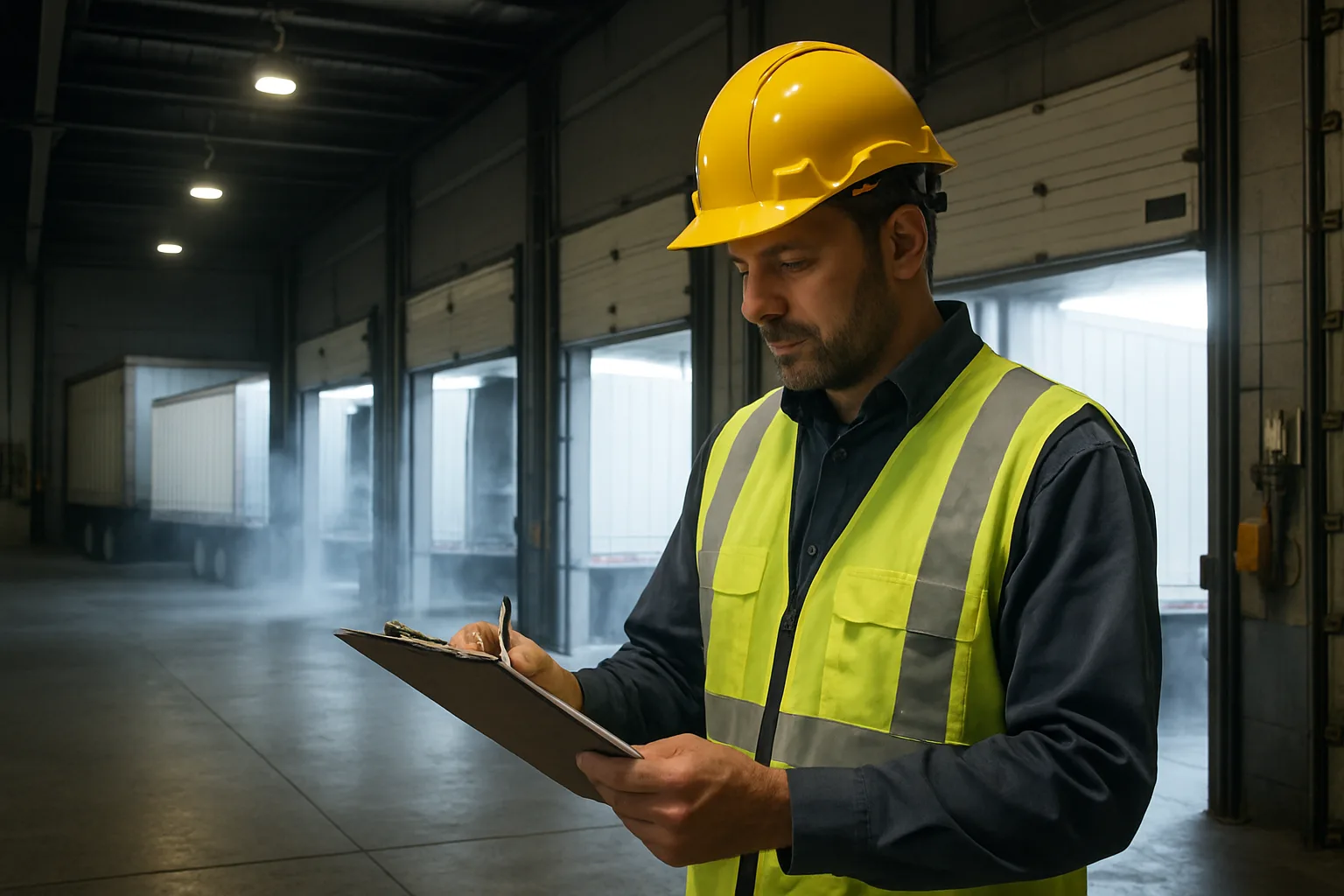 A fleet manager reviewing documents inside a cold storage warehouse with refrigerated trailers visible through loading dock doors.