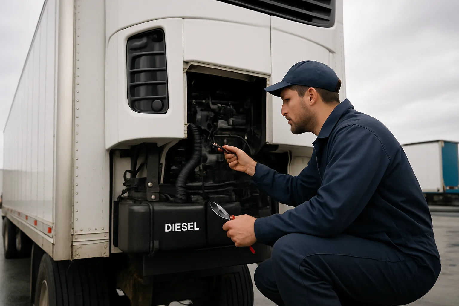 A technician inspecting a refrigeration unit mounted on the front of a refrigerated trailer in a transport yard.
