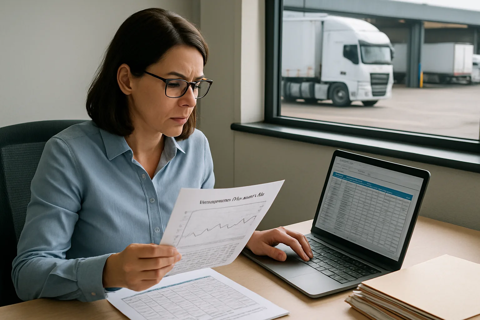 A compliance officer reviewing temperature logs and delivery documentation at a desk in a transport office.