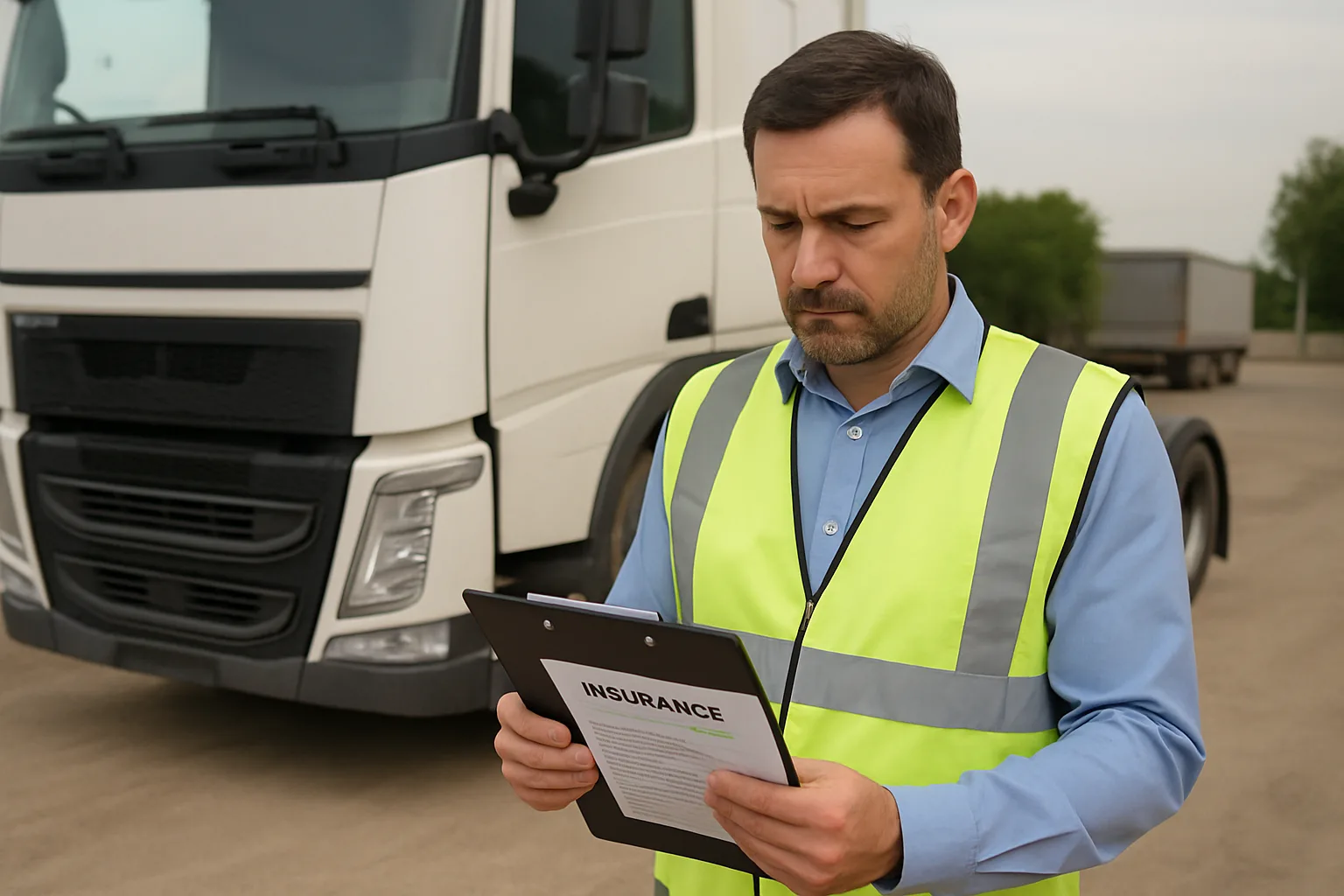 A fleet manager reviewing insurance documents beside a parked heavy goods truck at a logistics yard.