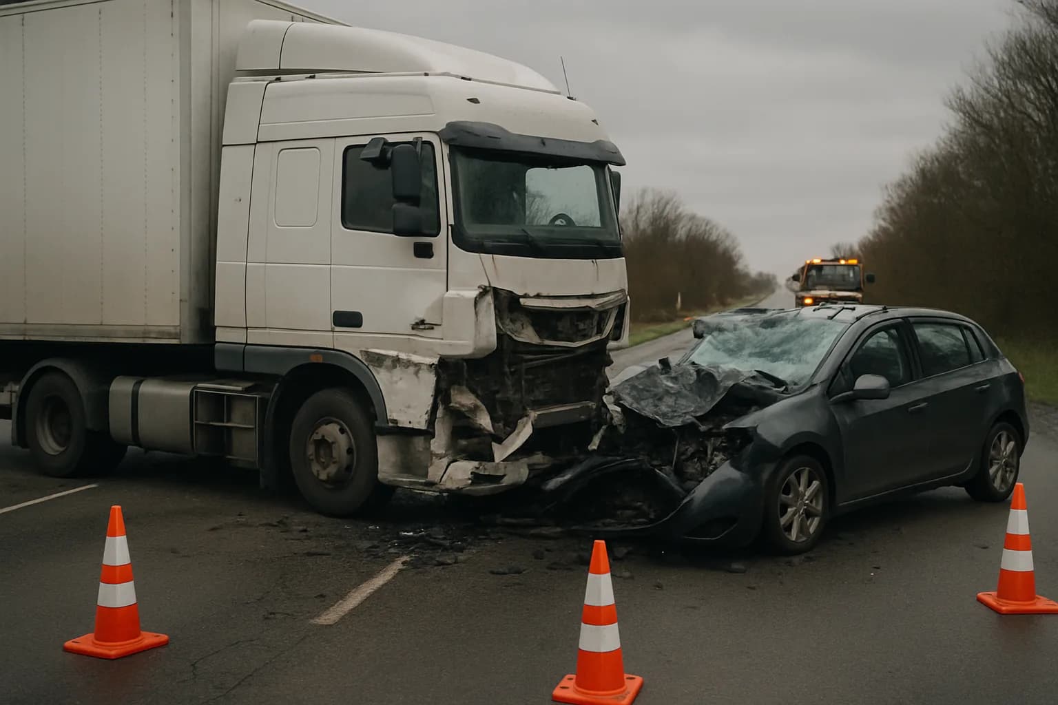 The scene of a road collision between a commercial truck and a passenger car with emergency response cones visible.
