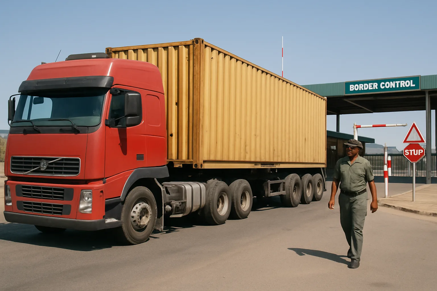 An articulated truck and trailer at a southern African border crossing checkpoint being inspected by a customs officer.
