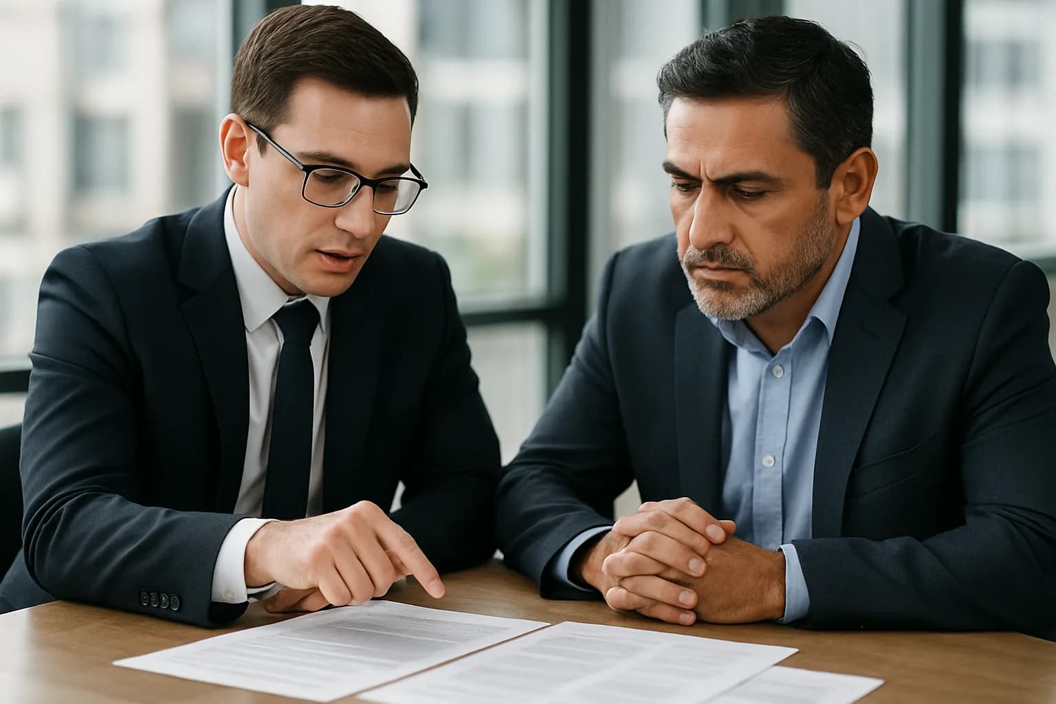 An insurance adviser and a business director reviewing policy documents together at a meeting table, discussing what financial losses a business interruption policy is designed to pay for.