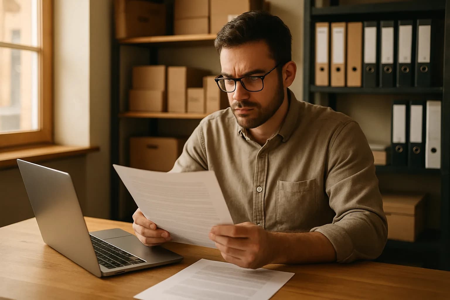 A business owner at a desk reviewing printed documents and a laptop screen, representing the process of understanding what a business interruption policy covers.