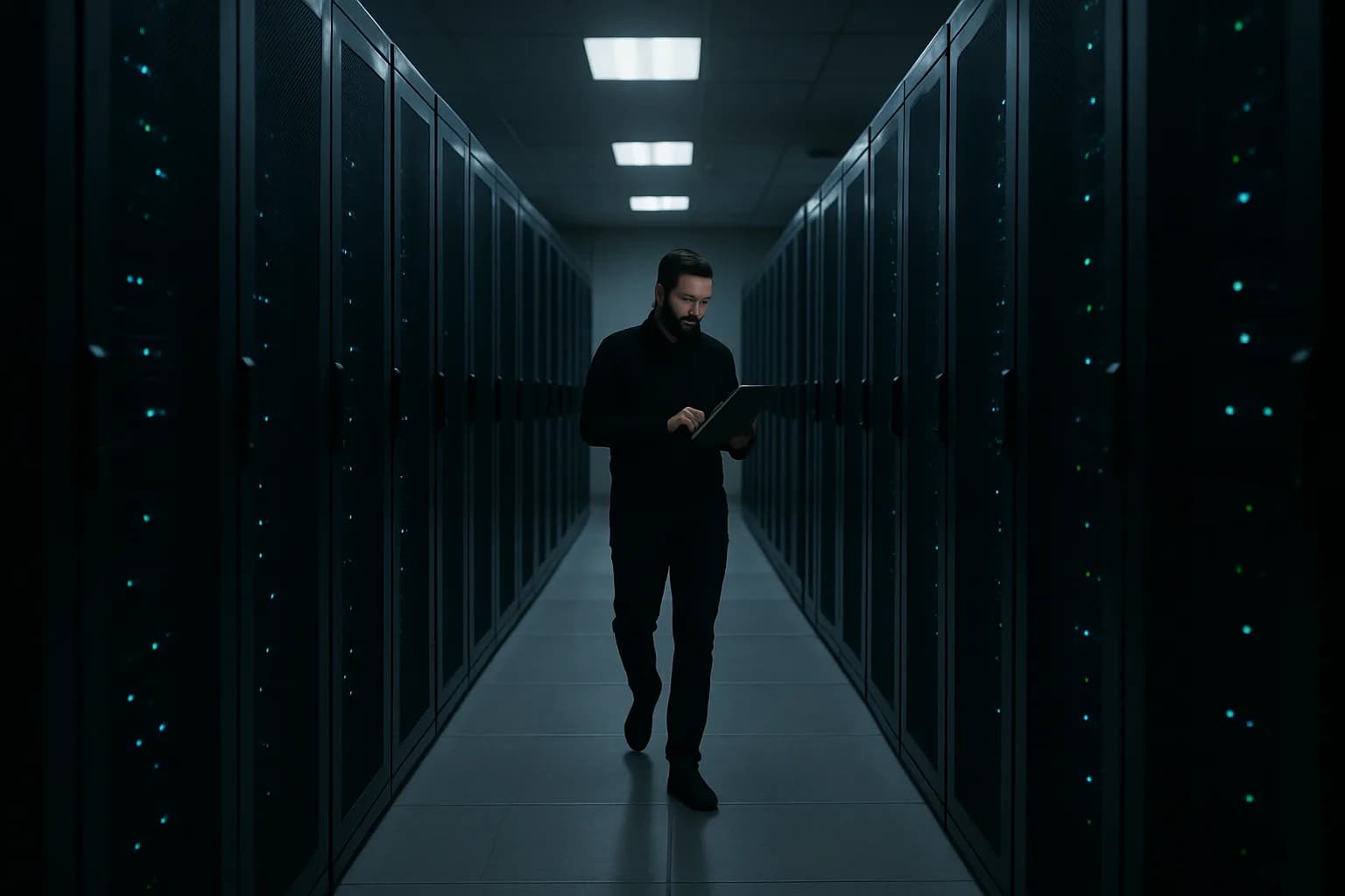 An IT technician walking through a server room corridor, representing the less visible forms of business interruption such as cyber incidents and non-physical operational disruptions.