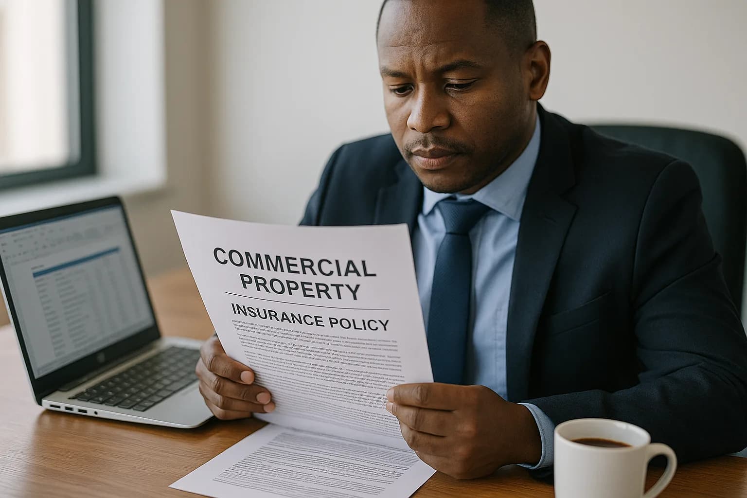 An insurance consultant reading through a printed property policy document at a wooden desk in a professional office.