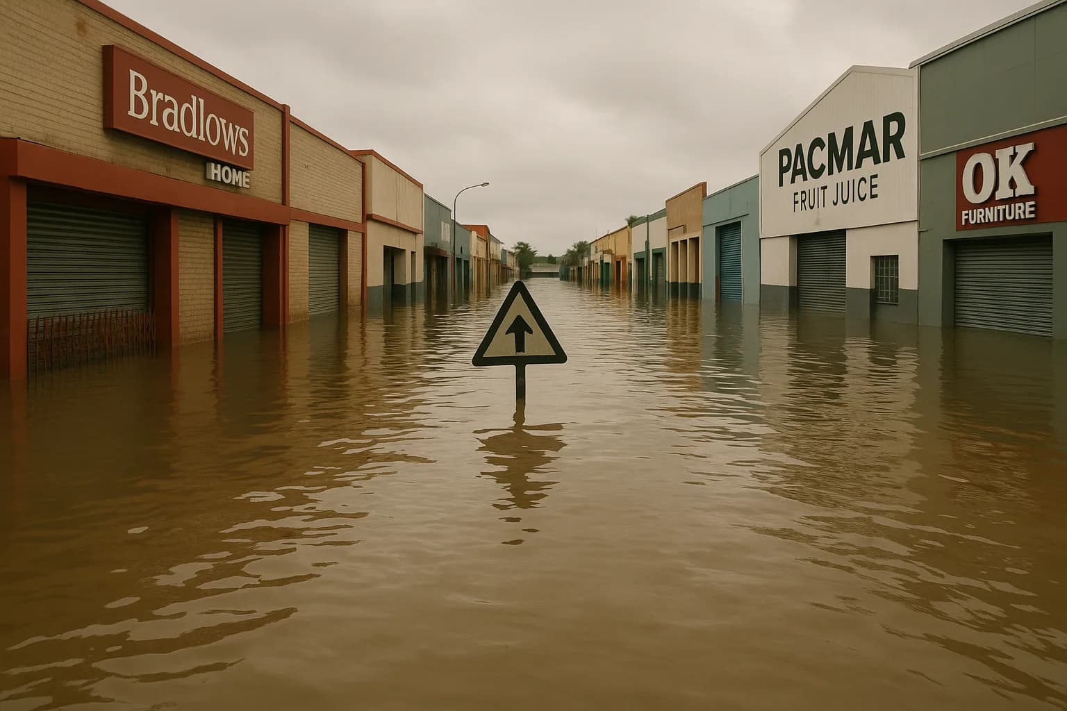 A flooded commercial street with brown water surrounding the lower walls of retail and warehouse buildings.