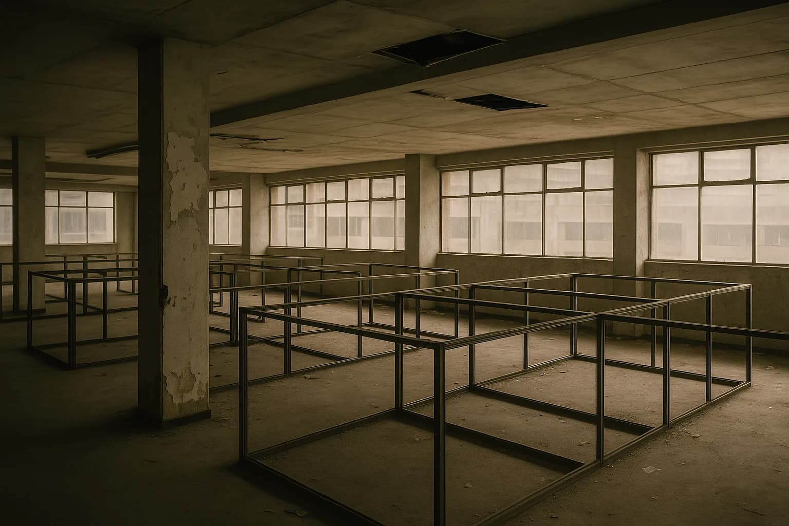 An empty open-plan commercial office floor with bare concrete surfaces, dusty windows, and visible signs of neglect.