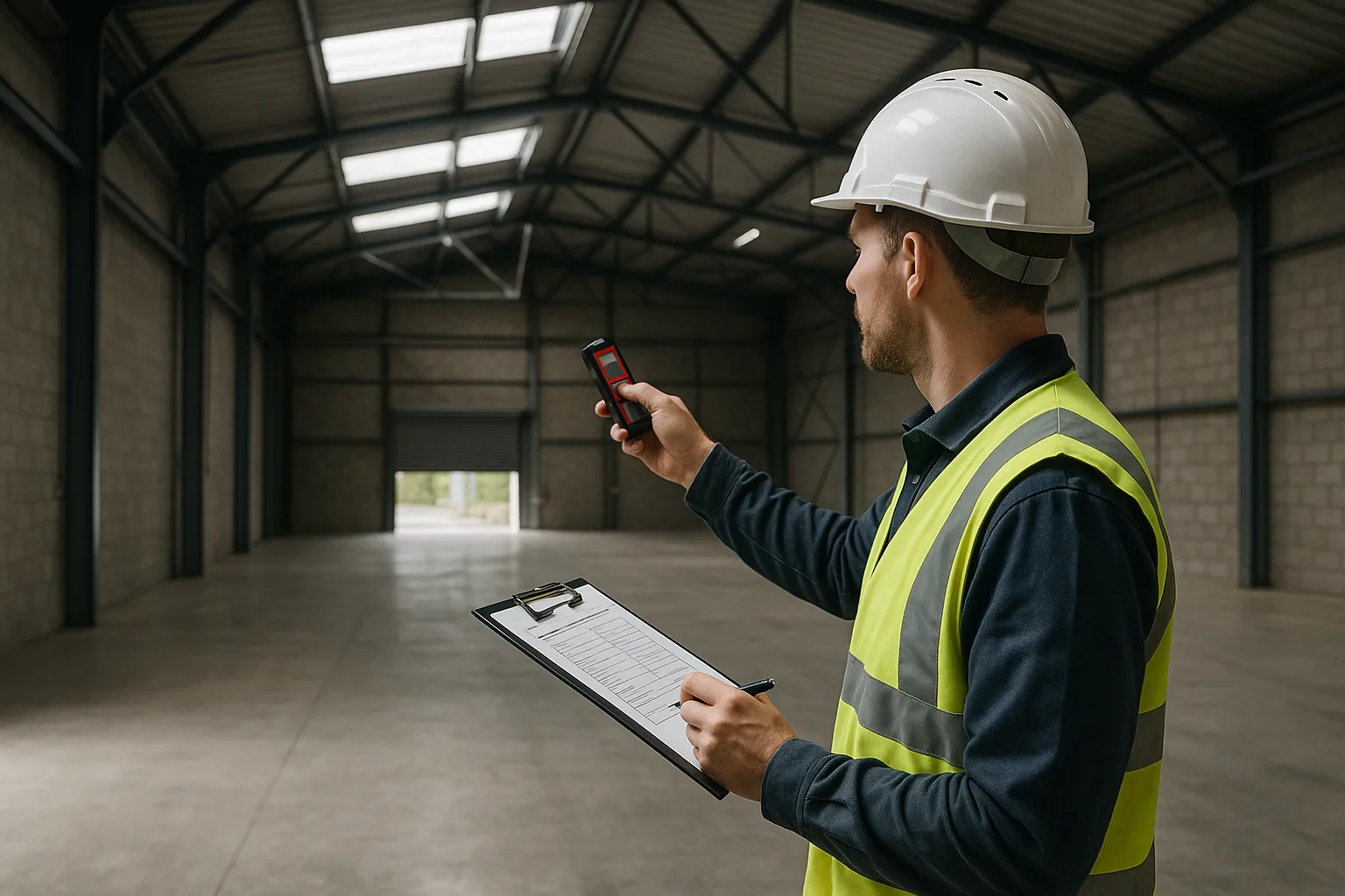A building professional measuring the interior of a large commercial warehouse using a laser device and clipboard.