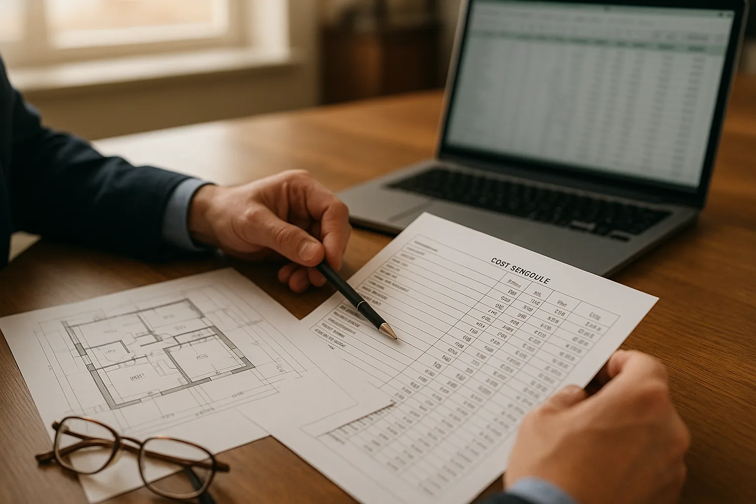 A quantity surveyor reviewing architectural drawings and cost schedules at a desk while calculating reinstatement figures.