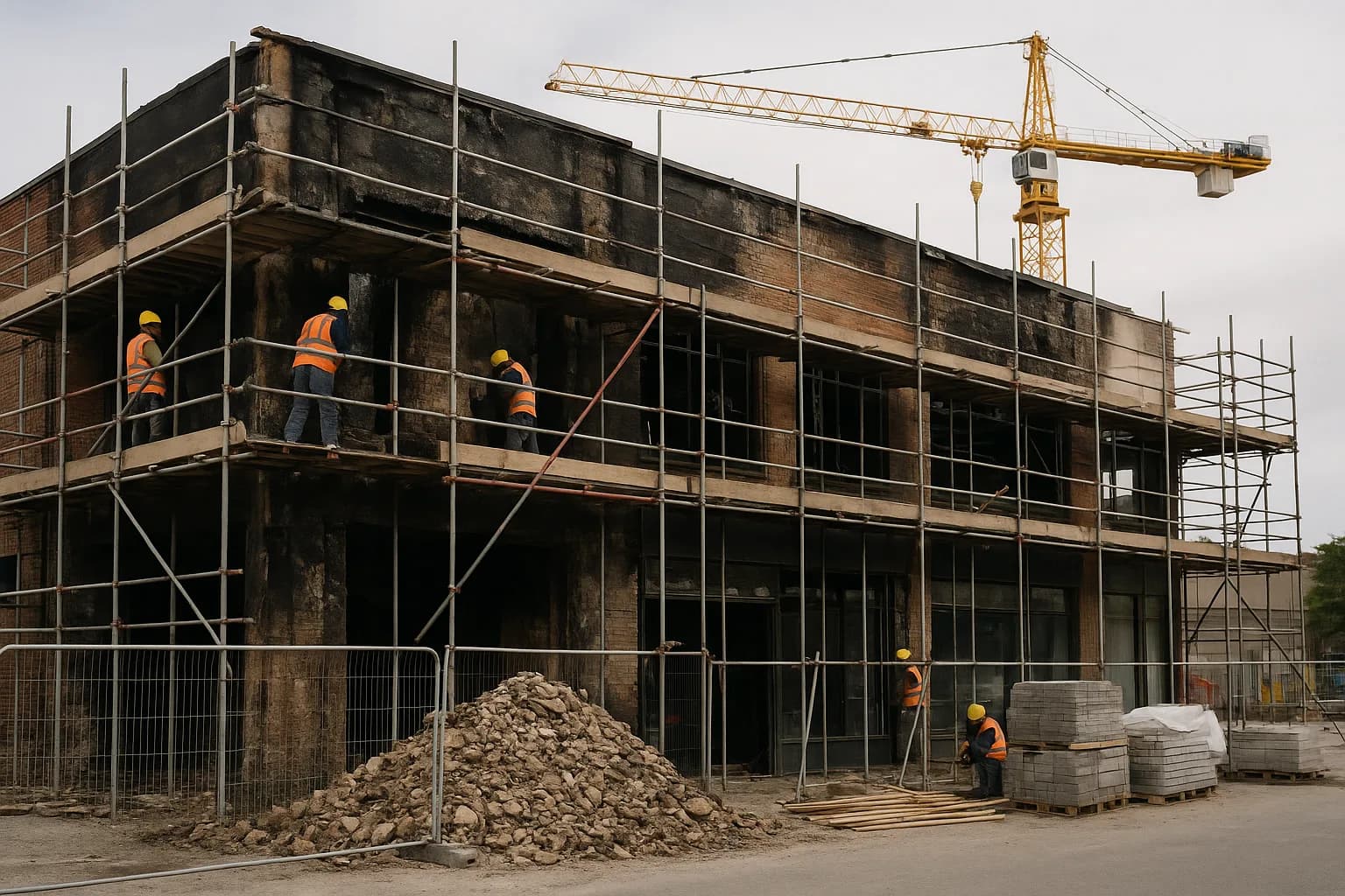 A fire-damaged commercial retail building surrounded by scaffolding and construction workers carrying out reinstatement works.