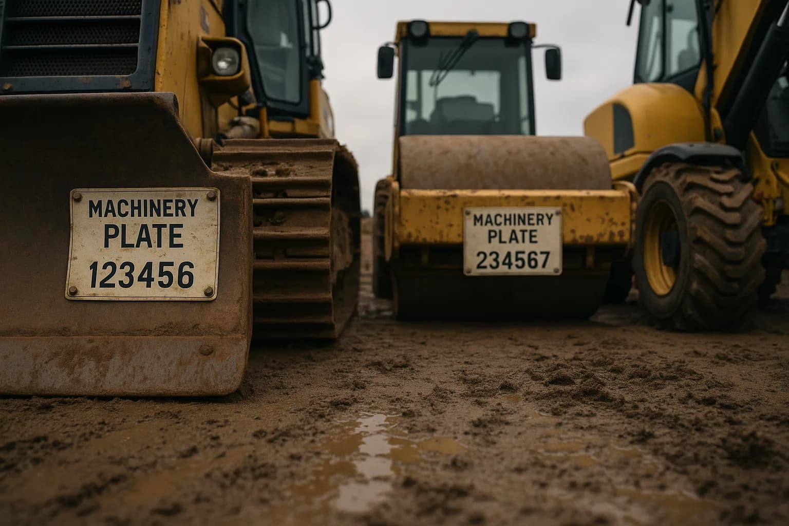 A row of heavy construction plant machinery including a bulldozer, compactor roller, and telescopic handler parked on a muddy yard.