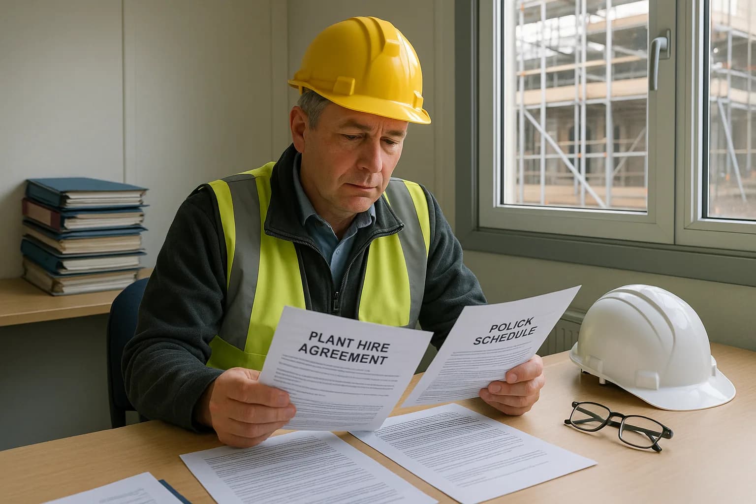 A contracts manager reviewing plant hire agreements and insurance documents at a desk inside a modular site office.