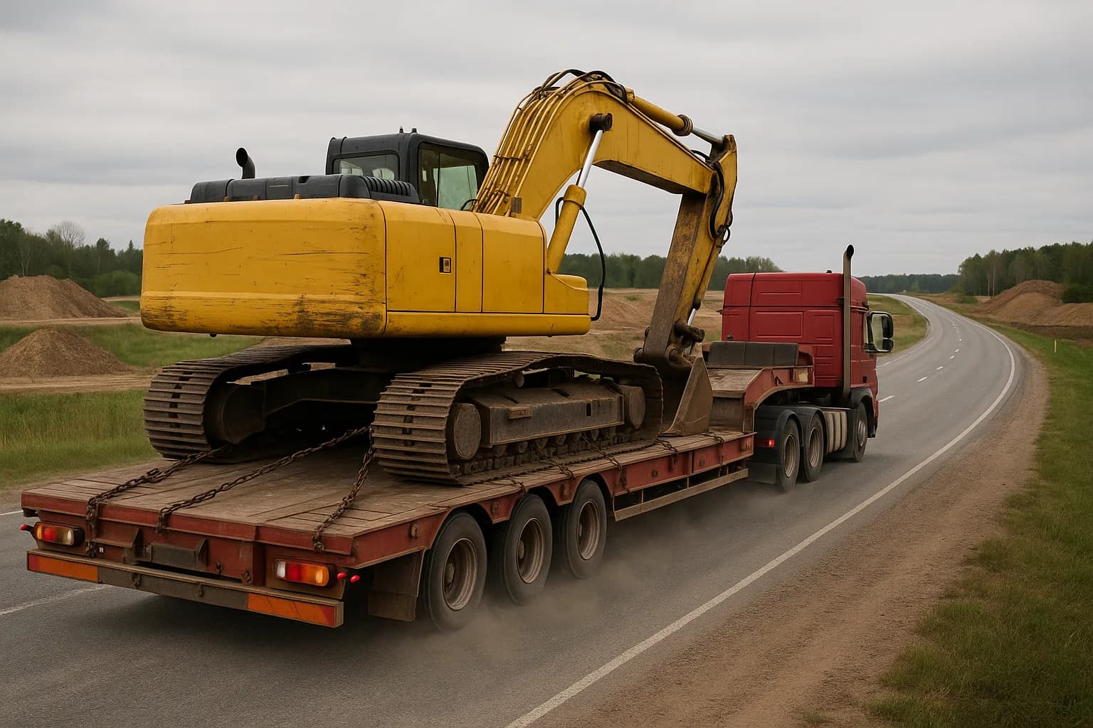 A low-loader flatbed truck transporting a secured excavator along a rural highway between construction sites.