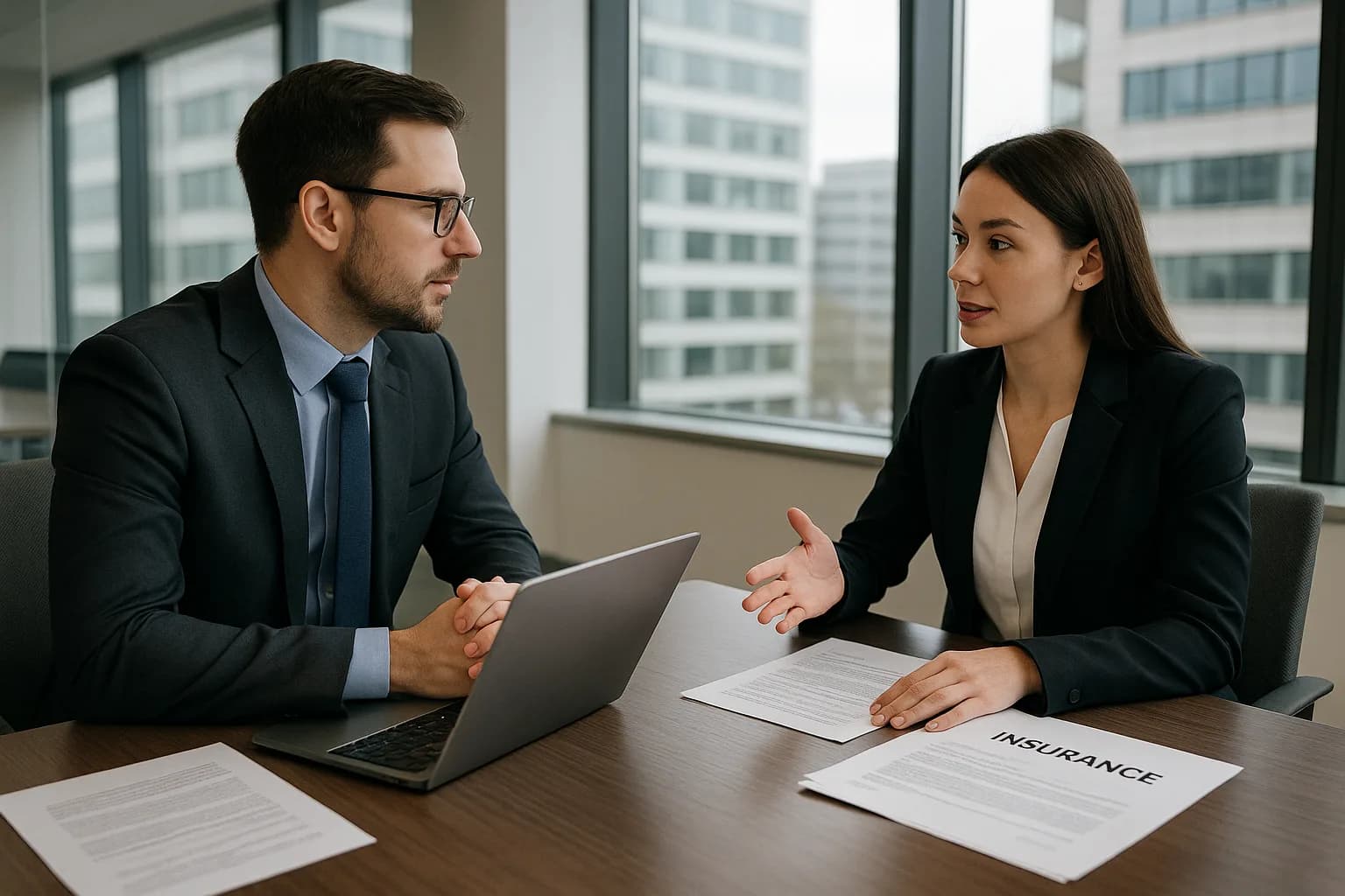 An IT manager and an insurance specialist reviewing documents together at a corporate boardroom table.