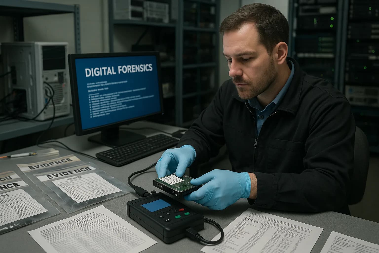 A digital forensics investigator handling server hardware and evidence in a technical forensic laboratory.