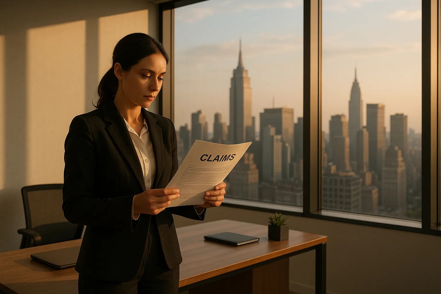 A businesswoman in an executive office reviewing a printed claims file while looking out over a city skyline.