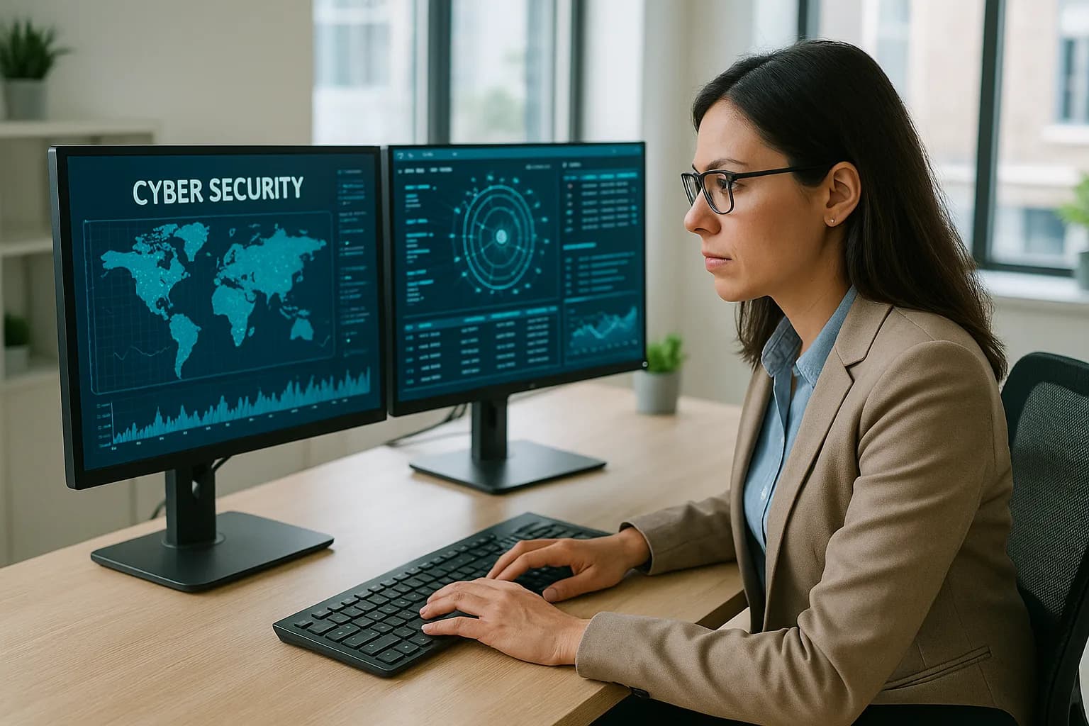 A cybersecurity professional reviewing network activity on dual monitors at a modern office workstation.