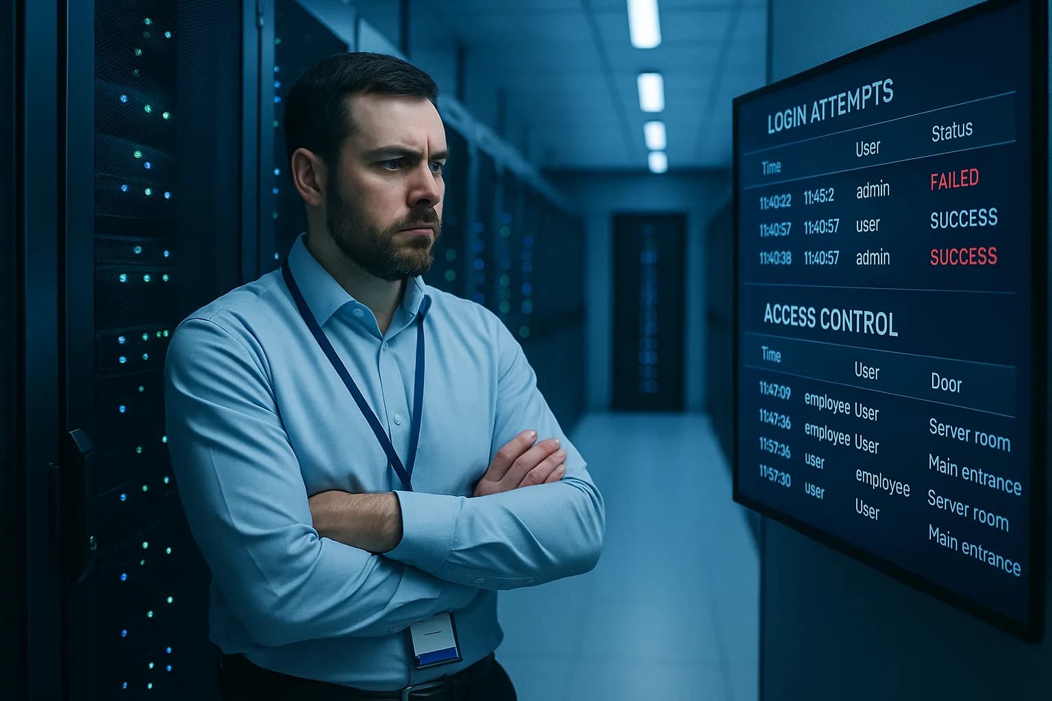 An IT security manager standing in a server room reviewing access control logs on a wall-mounted display.