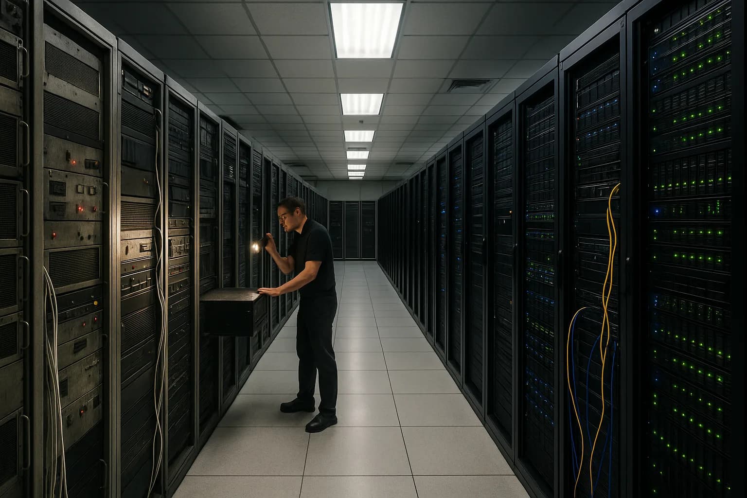 A technician inspecting older legacy server equipment in a large corporate data centre alongside newer rack systems.