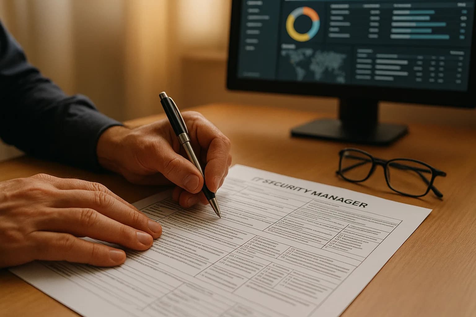 An IT security manager filling out a detailed paper form at a desk with a network dashboard visible on a monitor in the background.