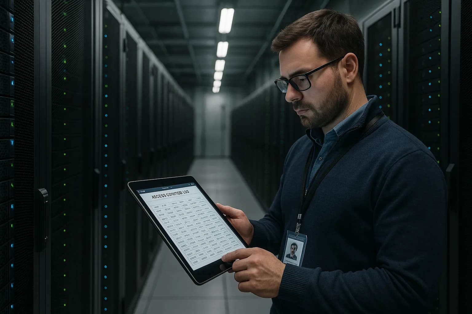 A cybersecurity professional reviewing access control logs on a tablet inside a data centre corridor lined with server racks.