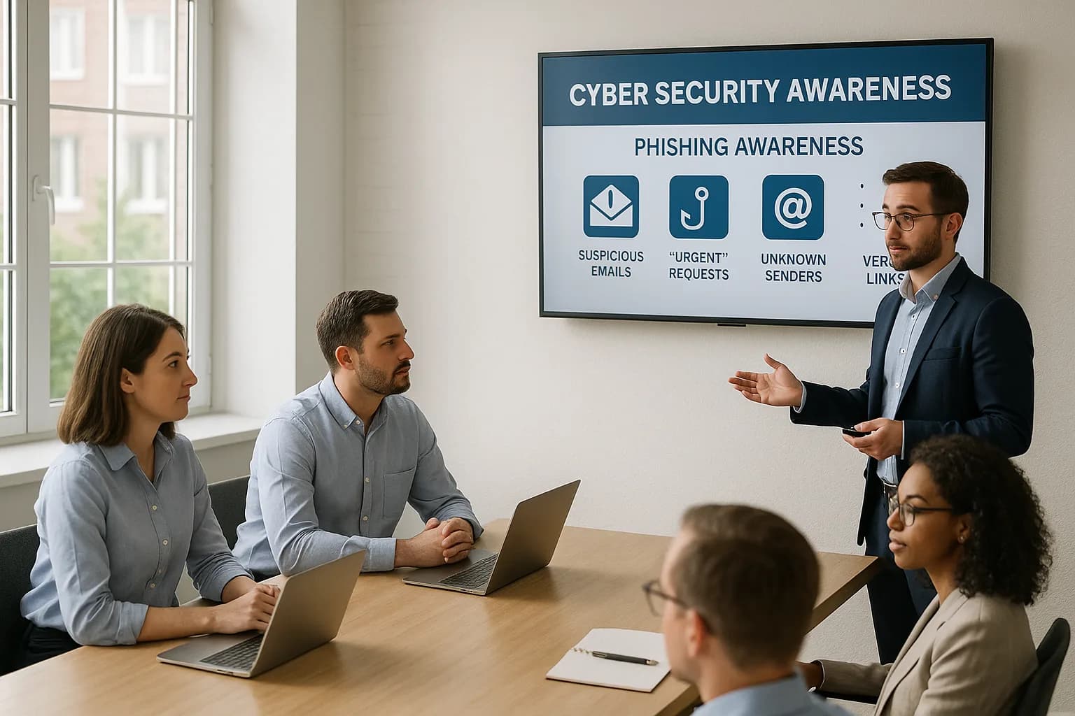 A group of office employees attending a cyber security awareness training session led by a presenter beside a wall-mounted screen in a conference room.