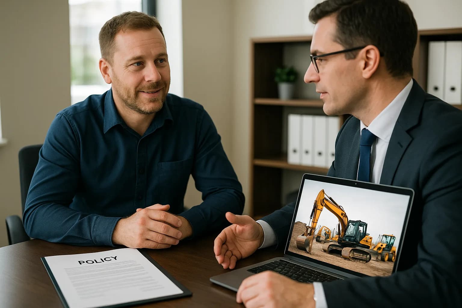 A business owner and insurance broker discussing a commercial plant policy document at an office desk.