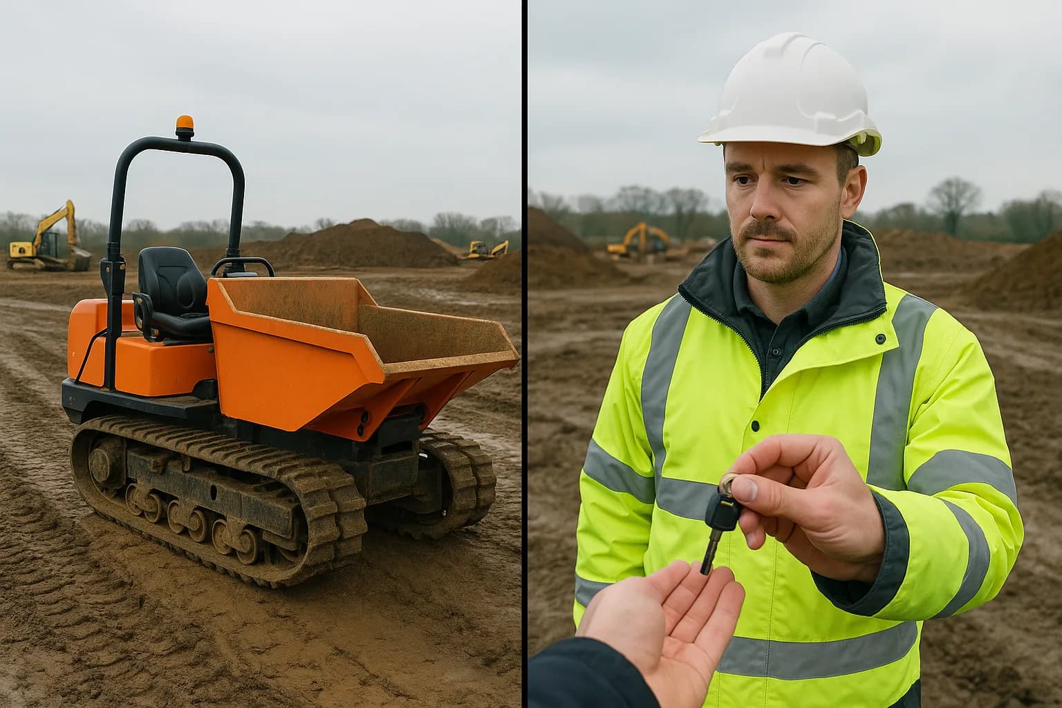A groundworker receiving keys for an unattended tracked dumper at a muddy construction site during a dry hire handover.