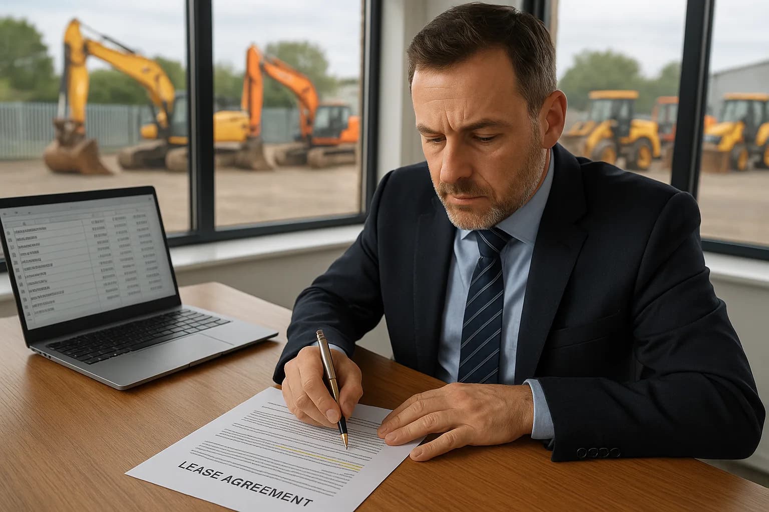 A company director reviewing a plant lease agreement contract at a desk overlooking a yard of stored construction equipment.