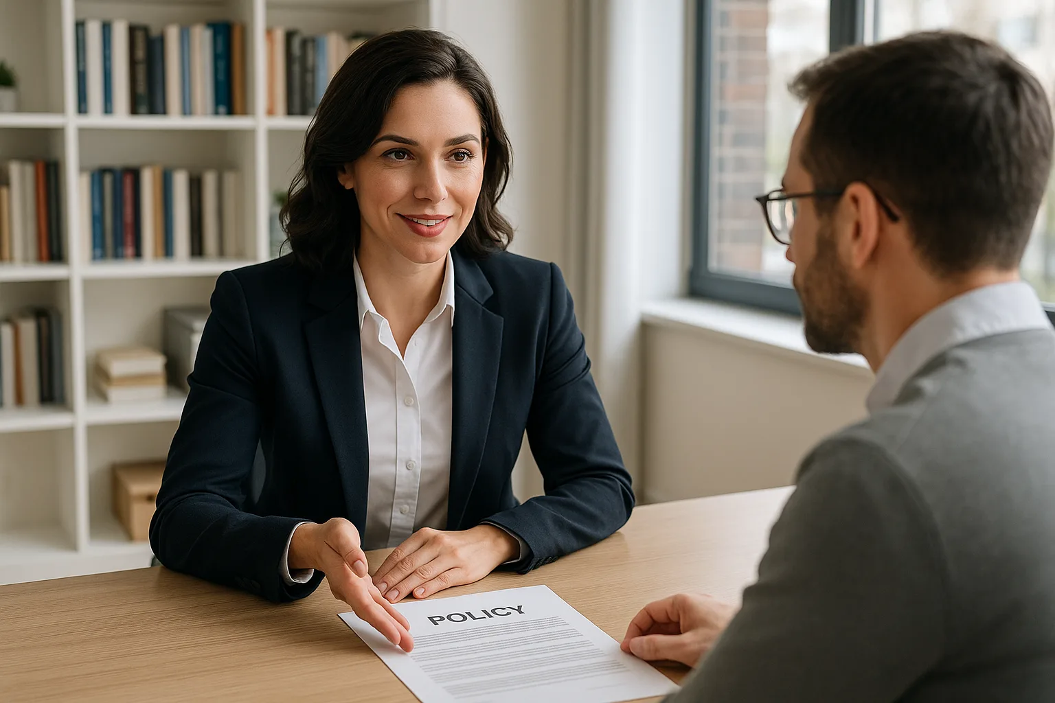 A female insurance broker explaining a policy document to a male client across a desk in a modern office.