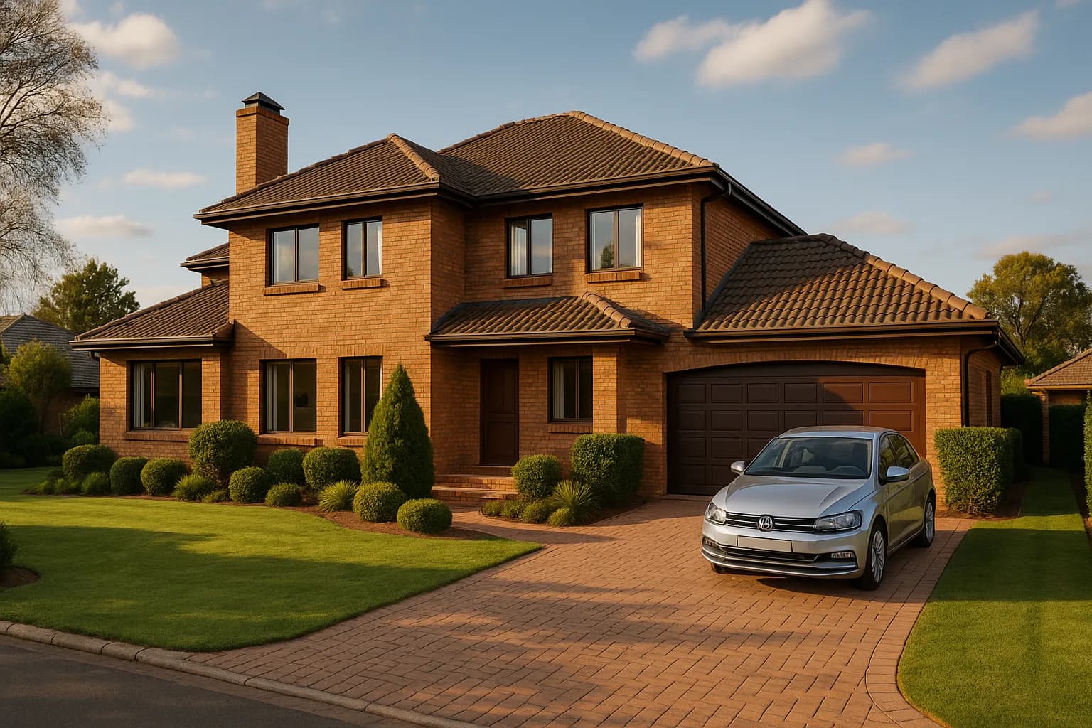 A large double-storey suburban family home photographed from the street in late afternoon light.