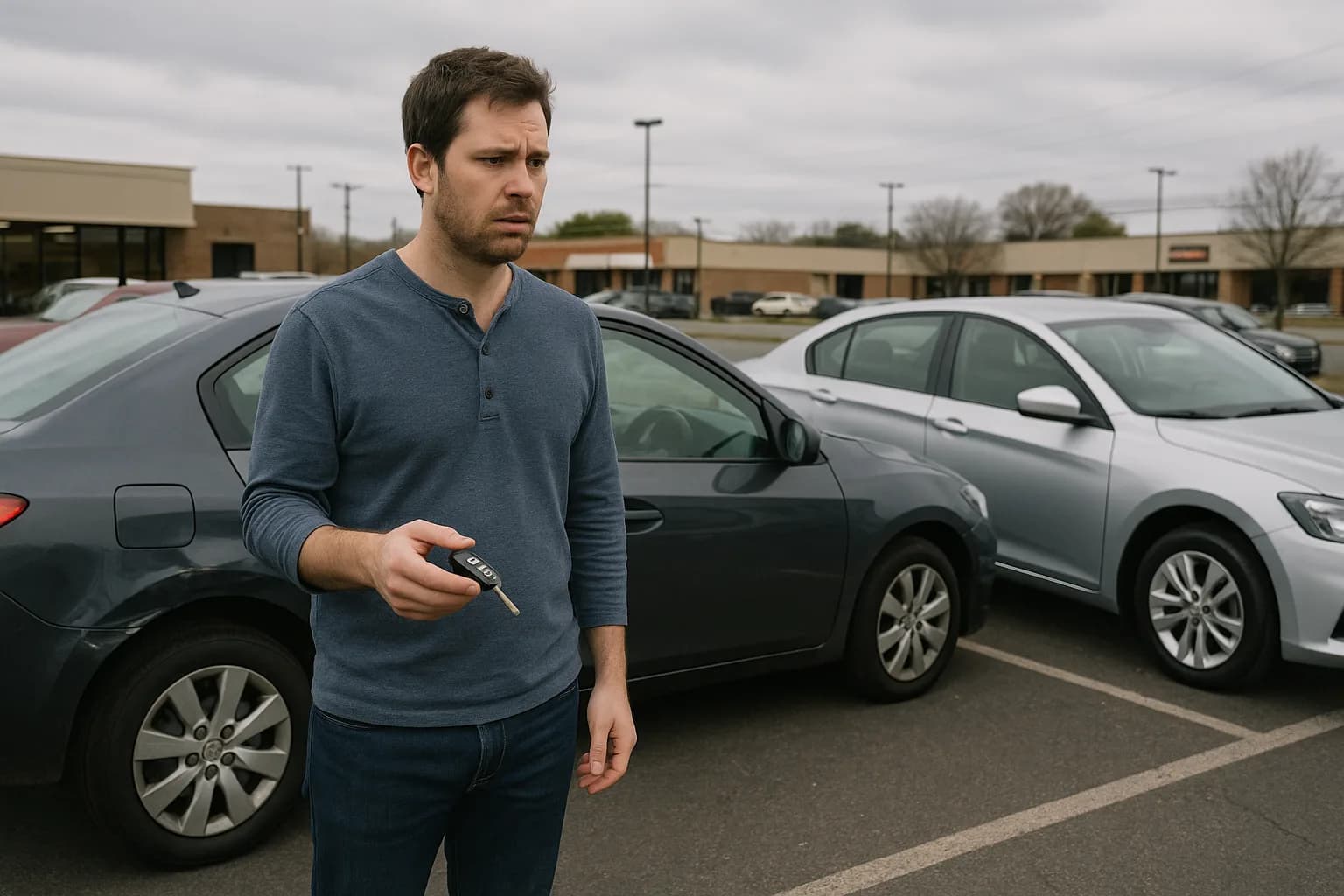 A man holding rental car keys standing next to his damaged vehicle in a car rental parking lot.
